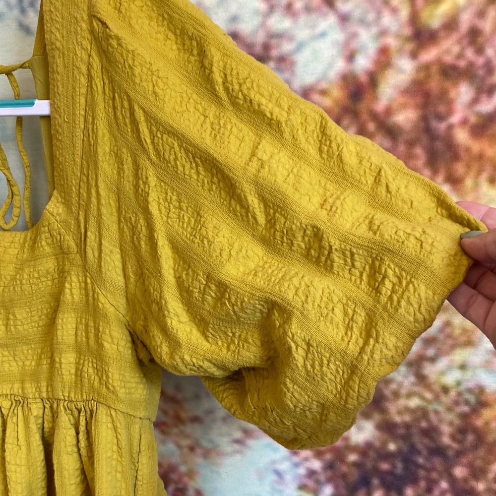 Free People chartreuse Mini Dress puff sleeves pockets open back square neckline - Picture 5 of 14